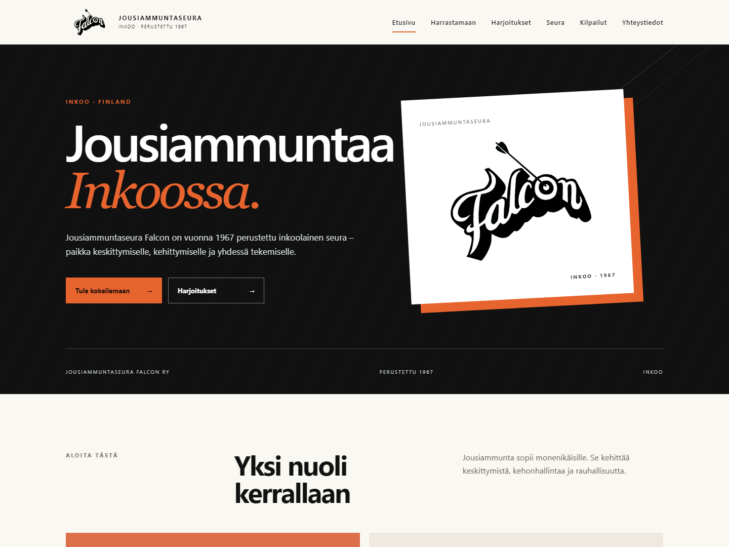 Falcon's Finnish archery club website, with black and orange styling and links to getting started and training.